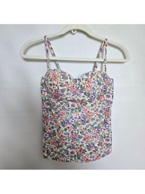 FLORAL PRINT CORSET BUSTIER Y2K 90'S STRAPS ZIPPER BACK PINK PURPLE GREEN (XS)